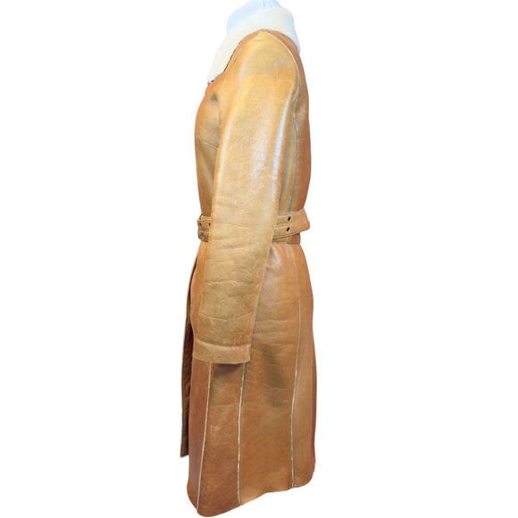 Burberry Trench Coat Long Winter Brown Leather White Shearling Jacket Womens US4 - Picture 5 of 12